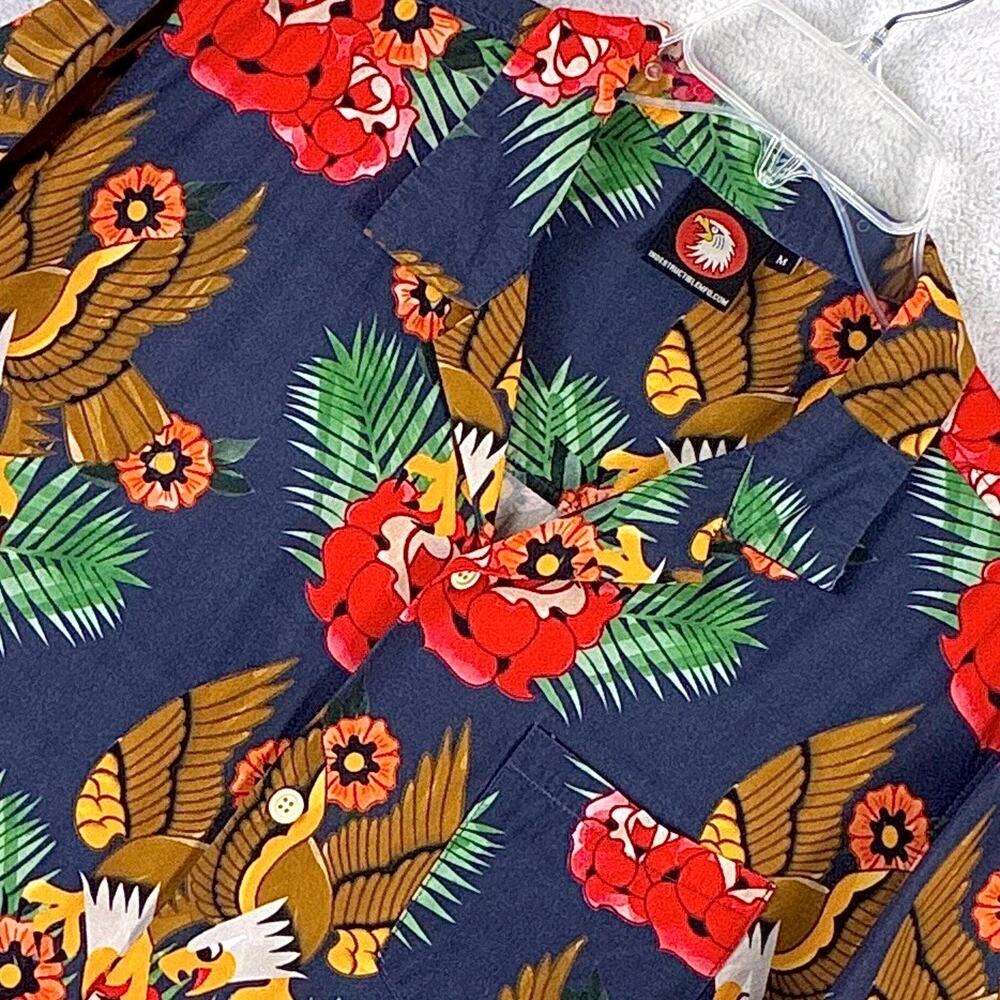 Indestructible MFG Hawaiian Shirt Mens M Navy Floral Eagle AOP Aloha Surf Skate
